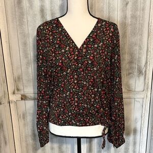LOFT Black Floral V-Neck Blouse